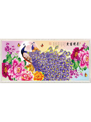 peacock-1127 *สินค้าหมด* ชุดปักครอสติช ลายคู่นกยูงม่วง (ปักเต็มผืนผ้า ปักครั้งละ 3 เส้นเล็ก) ขนาดใหญ่ 148*60 ซม.ผ้าครอสติช 11CTพิมพ์ลายปักบนผ้า ไหมคอตตอน 53 สี ผังลาย เข็ม