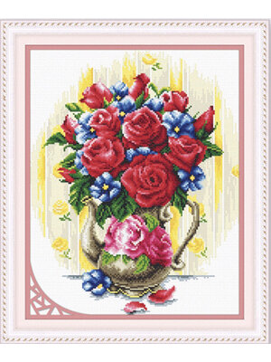 rose-1140 *สินค้าหมด* ชุดปักครอสติช ลายแจกันดอกกุหลาบ (ไม่มีเดินเส้น) ขนาด 41*52 ซม.ผ้าครอสติช 11CTพิมพ์ลายปักบนผ้า ไหมคอตตอน 39 สี ผังลาย เข็ม