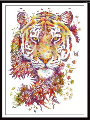 tiger-1015 *สินค้าหมด* ชุดปักครอสติช ลายเสือดอกไม้ (ไม่มีเดินเส้น ผ้า11CTพิมพ์ลาย ปัก 3 เส้นเล็ก) ขนาด 60*80 ซม.ผ้าครอสติช 11CTพิมพ์ลายปักบนผ้า ไหมคอตตอน 34 สี ผังลาย เข็ม