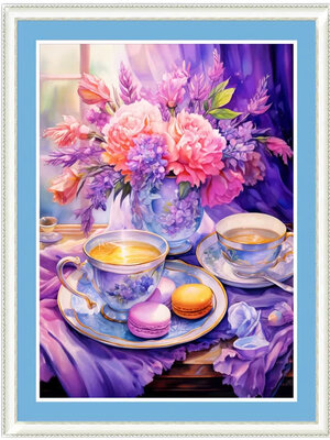 tea-1009 *พร้อมส่ง* ชุดปักครอสติช ลายชุดน้ำชามาการอง (ปักเต็มผืนผ้า ไม่มีเดินเส้น ผ้า11CT พิมพ์ลาย ปัก 3 เส้นเล็ก) ขนาด 53*70 ซม.ผ้าครอสติช 11CTพิมพ์ลายปักบนผ้า ไหมคอตตอน 55 สี ผังลาย เข็ม