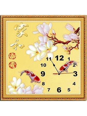 clock-2016 *พร้อมส่ง* ชุดภาพติดคริสตัลกลม ลายนาฬิกาปลาคาร์ปคู่แมกโนเลีย (งานติดเต็มภาพ) ขนาดใหญ่ 60*60 ซม.ผ้าแคนวาสลงผังลายเต็ม คริสตัลกลม 17 สี (มีตัวเรือนนาฬิกา) อุปกรณ์ติดครบชุด