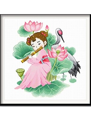 lady-1089 *พร้อมส่ง* ชุดปักครอสติช ลายหญิงสาว กระเรียน ดอกบัว (ผ้า 11CTพิมพ์ลาย ปัก 3 เส้นเล็ก) ขนาด 50*50 ซม.ผ้าครอสติช 11CTพิมพ์ลายปักบนผ้า ไหมคอตตอน 47 สี ผังลาย เข็ม