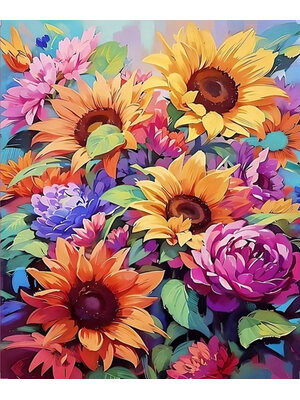 sunflower-1102 *สินค้าหมด* ชุดปักครอสติช ลายทานตะวันและดอกไม้หลากสี (ปักเต็มผืนผ้า ไม่มีเดินเส้น ผ้า11CTพิมพ์ลาย ปัก 3 เส้นเล็ก) ขนาด 43*50 ซม.ผ้าครอสติช 11CT พิมพ์ลายปักบนผ้า ไหมคอตตอน 43 สี ผังลาย เข็ม