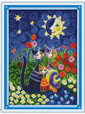cat-1047 *พร้อมส่ง* ชุดปักครอสติช ลายครอบครัวแมวใต้ดวงจันทร์ (ปักเต็มผืนผ้า ผ้า11CTพิมพ์ลาย ปักครั้งละ 3 เส้นเล็ก) ขนาด 25*35 ซม.ผ้าครอสติช 11CTพิมพ์ลายปักบนผ้า ไหมคอตตอน 23 สี ผังลาย เข็ม