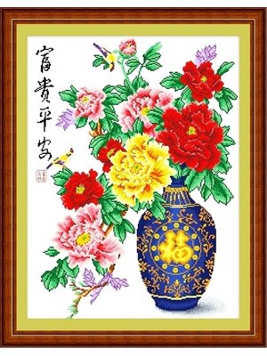 botan-1131 *พร้อมส่ง* ชุดปักครอสติช ลายดอกโบตั๋นในแจกันลายคราม (ผ้า11CT พิมพ์ลาย ปัก 3 เส้นเล็ก) ขนาด ขนาด 60*75 ซม.ผ้าครอสติช 11CTพิมพ์ลายปักบนผ้า+ไหมคอตตอน 37 สี+ผังลาย+เข็ม