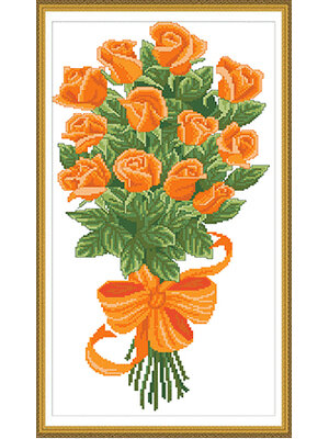 rose-1006 *พร้อมส่ง* ชุดปักครอสติช ลายช่อกุหลาบส้ม (ผ้า11CTพิมพ์ลาย ปัก 3 เส้นเล็ก) ขนาด 36*64 ซม.ผ้าครอสติช 11CTพิมพ์ลายปักบนผ้า ไหมคอตตอน 10 สี ผังลาย เข็ม