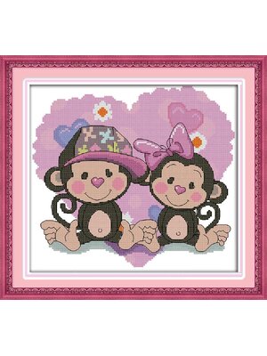 monkey-1001 *พร้อมส่ง* ชุดปักครอสติช ลายลิงคู่เลิฟ (ผ้า11CTพิมพ์ลาย ปัก 3 เส้นเล็ก) ขนาด 39*36 ซม.ผ้าครอสติช 11CTพิมพ์ลายปักบนผ้า ไหมคอตตอน 25 สี ผังลาย เข็ม