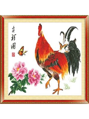 kai-1003 *พร้อมส่ง* ชุดปักครอสติช ลายไก่มงคลคู่โบตั๋น (ไม่มีเดินเส้น ผ้า11CTพิมพ์ลาย ปักครั้งละ 3 เส้นเล็ก) ขนาด 93*72 ซม.ผ้าครอสติช 11CTพิมพ์ลายปักบนผ้า ไหมคอตตอน 46 สี ผังลาย เข็ม