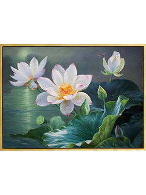 bua-1110 *สินค้าหมด* ชุดปักครอสติช ลายบึงบัว (ปักเต็มผืนผ้า ไม่มีเดินเส้น ผ้า9CTพิมพ์ลาย ปัก 4 เส้นเล็ก) ขนาด 80*65 ซม.ผ้าครอสติช 9CTพิมพ์ลายปักบนผ้า ไหมคอตตอน 41 สี ผังลาย เข็ม