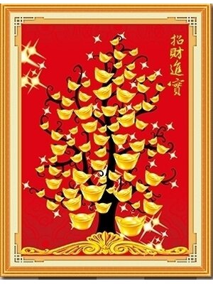 tree-1010 *สินค้าหมด* ชุดปักครอสติช ลายต้นไม้ทองคำ (3D ปักที่ต้นไม้และทองคำทั้งหมด ไม่มีเดินเส้น) ขนาด 54*72 ซม ผ้าครอสติช 11CT พิมพ์ลายปักบนผ้า ไหมคอตตอน 6 สี ผังลาย เข็ม