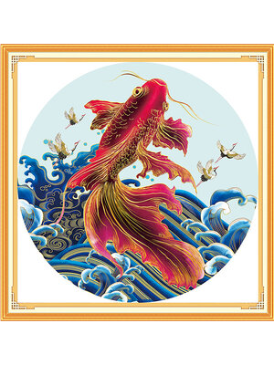 pla-1031 *พร้อมส่ง* ชุดปักครอสติช ลายปลาทอง (ปักเต็มผืนผ้า ไม่มีเดินเส้น ผ้า11CTพิมพ์ลาย ปัก 3 เส้นเล็ก ) ขนาด 50*50 ซม.ผ้าครอสติช 11CTพิมพ์ลายปักบนผ้า ไหมคอตตอน 28 สี ผังลาย เข็ม