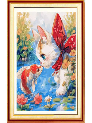 cat-1023 *พร้อมส่ง* ชุดปักครอสติช ลายน้องแมวกับน้องปลา (ปักเต็มผืนผ้า ไม่มีเดินเส้น ผ้า11CTพิมพ์ลาย ปัก 3 เส้นเล็ก) ขนาด 50*65 ซม.ผ้าครอสติช 11CTพิมพ์ลายปักบนผ้า ไหมคอตตอน 54 สี ผังลาย เข็ม