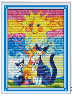 cat-1045 *พร้อมส่ง* ชุดปักครอสติช ลายครอบครัวแมวใต้ดวงอาทิตย์ (ปักเต็มผืนผ้า ผ้า11CTพิมพ์ลาย ปักครั้งละ 3 เส้นเล็ก) ขนาด 25*35 ซม.ผ้าครอสติช 11CTพิมพ์ลายปักบนผ้า ไหมคอตตอน 26 สี ผังลาย เข็ม