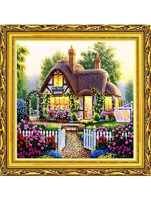 home-2007 *พร้อมส่ง* ชุดภาพติดคริสตัลกลม ลายบ้านน้อยในสวนดอกไม้ (งานติดเต็มภาพ) ขนาด 40*40 ซม.ผ้าแคนวาสลงผังลายเต็ม คริสตัลกลม 33 สี อุปกรณ์ครบชุด