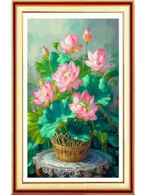 bua-1006 *พร้อมส่ง* ชุดปักครอสติช ลายช่อดอกบัว (ปักเต็มผืนผ้า ไม่มีเดินเส้น ผ้า11CT พิมพ์ลาย ปัก 3 เส้นเล็ก) ขนาด 50*70 ซม.ผ้าครอสติช 11CT พิมพ์ลายปักบนผ้า+ไหมคอตตอน 26 สี+ผังลาย+เข็ม