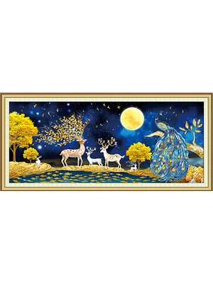 deer-1102 *สินค้าหมด* ชุดปักครอสติช ลายกวางทองใต้เงาจันทร์ (ปักเต็มผืน ไม่มีเดินเส้น ปักครั้งละ 3 เส้นเล็ก) ขนาด 100*55 ซม.ผ้าครอสติช 11CTพิมพ์ลายปักบนผ้า ไหมคอตตอน 40 สี ผังลาย เข็ม