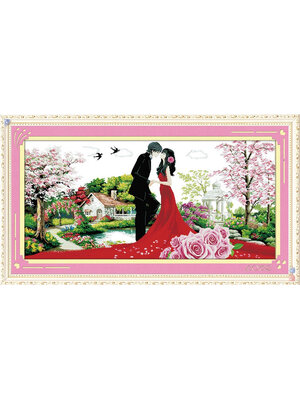 home-1036 *พร้อมส่ง* ชุดปักครอสติช ลายบ้านน้อยแห่งรัก (ผ้า11CTพิมพ์ลาย ปัก 3 เส้นเล็ก) ขนาดใหญ่ 145*76 ซม.ผ้าครอสติช 11CTพิมพ์ลายปักบนผ้า ไหมคอตตอน 67 สี ผังลาย เข็ม