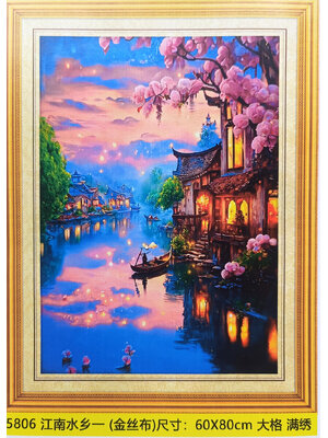 home-1018 *พร้อมส่ง* ชุดปักครอสติช ลายบ้านริมคลอง (ปักเต็มผืนผ้า ไม่มีเดินเส้น ผ้า 9CTพิมพ์ลาย ปัก 4 เส้นเล็ก) ขนาด 60*80 ซม.ผ้าครอสติช 9CTพิมพ์ลายปักบนผ้า ไหมคอตตอน 38 สี ผังลาย เข็ม