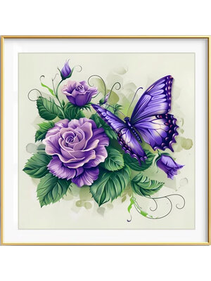 rose-1107 *สินค้าหมด* ชุดปักครอสติช ลายผีเสื้อเกาะกุหลาบม่วง (ปักเต็มผืนผ้า ไม่มีเดินเส้น ผ้า11CT พิมพ์ลาย ปัก 3 เส้นเล็ก) ขนาด 50*50 ซม.ผ้าครอสติช 11CTพิมพ์ลายปักบนผ้า ไหมคอตตอน 32 สี ผังลาย เข็ม