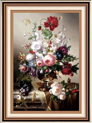 rose-1117 *สินค้าหมด* ชุดปักครอสติช ลายกุหลาบในแจกันแก้ว (ปักเต็มผืนผ้า ไม่มีเดินเส้น ปักครั้งละ 3 เส้นเล็ก) ขนาด 50*68 ซม.ผ้าครอสติช 11CTพิมพ์ลายปักบนผ้า ไหมคอตตอน 40 สี ผังลาย เข็ม