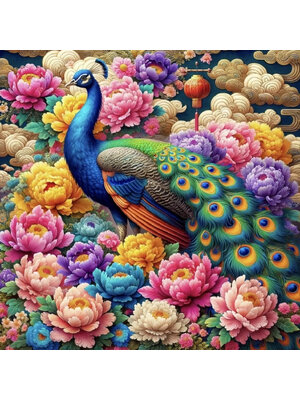 peacock-1128 *สินค้าหมด* ชุดปักครอสติช ลายนกยูงโบตั๋น (ปักเต็มผืนผ้ ไม่มีเดินเส้น ผ้า9CT พิมพ์ลาย ปัก 4 เส้นเล็ก) ขนาด 75*75 ซม.ผ้าครอสติช 9CTพิมพ์ลายปักบนผ้า+ไหมคอตตอน 46 สี+ผังลาย เข็ม