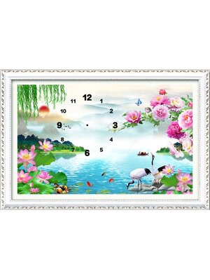 clock-2035 *พร้อมส่ง* ชุดภาพติดคริสตัลกลม ลายนาฬิกานกกระเรียนคู่ในสวนไม้มงคล ( งานติดเต็มภาพ ) ขนาด 50*35 ซม. คริสตัลกลม 31 สี ( มีตัวเรือนนาฬิกา ) อุปกรณ์ครบชุด