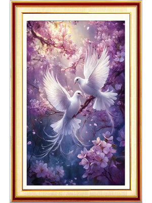 bird-1106 *สินค้าหมด* ชุดปักครอสติช ลายนกคู่ซากุระ (ปักเต็มผืนผ้า ไม่มีเดินเส้น ผ้า11CT พิมพ์ลาย ปัก 3 เส้นเล็ก) ขนาด 50*70 ซม. ผ้าครอสติช 11CTพิมพ์ลายปักบนผ้า ไหมคอตตอน 49 สี ผังลาย เข็ม