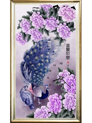 clock-2038 *พร้อมส่ง* ชุดภาพติดคริสตัลกลม ลายนาฬิกานกยูงคู่โบตั๋นม่วง ( งานติดเต็มภาพ ) ขนาด 35*65 ซม. ผ้าแคนวาสลงผังลายเต็ม คริสตัลกลม 40 สี ตัวเรือนนาฬิกา อุปกรณ์ครบชุด