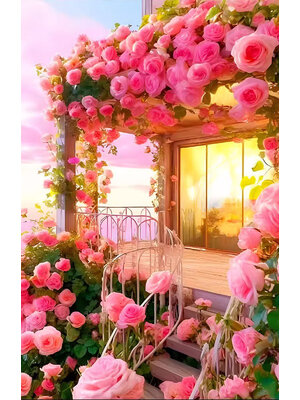 rose-1037 *สินค้าหมด* ชุดปักครอสติช ลายระเบียงกุหลาบ (งานปักเต็มลาย ไม่มีเดินเส้น ปักครั้งละ 3 เส้นเล็ก) ขนาด 54*81 ซม.ผ้าครอสติช 11CTพิมพ์ลายปักบนผ้า ไหมคอตตอน 42 สี ผังลาย เข็ม