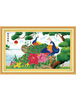 peacock-1013 *พร้อมส่ง* ชุดปักครอสติช ลายนกยูงคู่ริมทะเล (ผ้า11CTพิมพ์ลาย ปัก 3 เส้นเล็ก) ขนาด 107*70 ซม.ผ้าครอสติช 11CTพิมพ์ลายปักบนผ้า ไหมคอตตอน 60 สี ผังลาย เข็ม