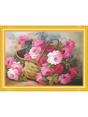 rose-1145 *สินค้าหมด* ชุดปักครอสติช ลายตะกร้าช่อกุหลาบ (งานปักเต็มลาย ไม่มีเดินเส้น) ขนาด 70*50 ซม.ผ้าครอสติช 11CTพิมพ์ลายปักบนผ้า ไหมคอตตอน 34 สี ผังลาย เข็ม