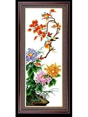 bloom-1033 *สินค้าหมด* ชุดปักครอสติช ลายลายนกน้อยกับช่อเบญจมาศ (ผ้า11CTพิมพ์ลาย ปัก 3 เส้นเล็ก) ขนาด 37*87 ซม.ผ้าครอสติช 11CTพิมพ์ลายปักบนผ้า ไหมคอตตอน 54 สี ผังลาย เข็ม