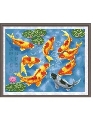 pla-1007 *พร้อมส่ง* ชุดปักครอสติช ลาย 9 ปลาคาร์ปในบึงบัว (ปักเต็มผืนผ้า ผ้า11CTพิมพ์ลาย มีประกาย ปัก 3 เส้นเล็ก ) ขนาด 78*58 ซม.ผ้าครอสติช 11CTพิมพ์ลายปักบนผ้า ไหมคอตตอน 28 สี ผังลาย เข็ม