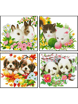 animal-1019 *สินค้าหมด* ชุดปักครอสติช ลายเซต 4 ชิ้น กระต่ายคู่ แมวคู่ น้องหมาคู่ แพนด้าคู่ ขนาดภาพละ 40*40 ซม.ผ้าครอสติช 11CTพิมพ์ลายปักบนผ้า ไหมคอตตอน 103 สี ผังลาย เข็ม