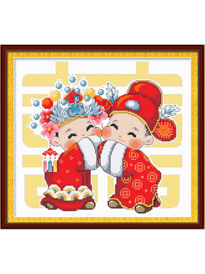 love-1002 *พร้อมส่ง* ชุดปักครอสติช ลายคู่บ่าวสาวเด็กจีนน้อย (ผ้า11CTพิมพ์ลาย ปัก 3 เส้นเล็ก) ขนาด 42*41 ซม.ผ้าครอสติช 11CTพิมพ์ลายปักบนผ้า ไหมคอตตอน 21 สี ผังลาย เข็ม