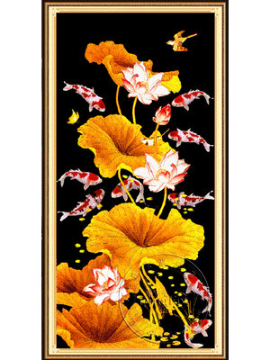 pla-1017 *พร้อมส่ง* ชุดปักครอสติช ลาย ปลาคาร์ปในบึงบัวทอง (ปักเต็มผืนผ้า ไม่มีเดินเส้น ผ้า11CTพิมพ์ลาย ปัก 3 เส้นเล็ก) ขนาด 50*90 ซม.ผ้าครอสติช 11CTพิมพ์ลายปักบนผ้า ไหมคอตตอน 20 สี ผังลาย เข็ม