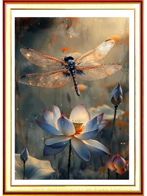 bua-1016 *พร้อมส่ง* ชุดปักครอสติช ลายแมลงปอดอกบัว (ปักเต็มผืนผ้า ไม่มีเดินเส้น ผ้า11CTพิมพ์ลาย ปัก 3 เส้นเล็ก) ขนาด 50*70 ซม.ผ้าครอสติช 11CT พิมพ์ลายปักบนผ้า ไหมคอตตอน 35 สี ผังลาย เข็ม