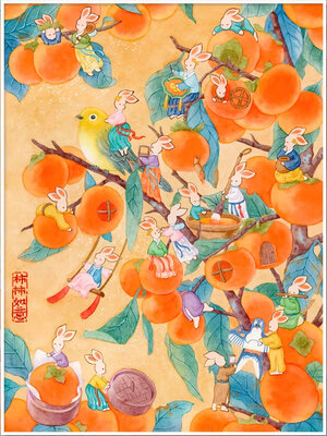 rabbit-1001 *พร้อมส่ง* ชุดปักครอสติช ลายกระต่ายสุขสันต์ที่ต้นลูกพลับ (ปักเต็มผืนผ้า ไม่มีเดินเส้น ผ้า11CT พิมพ์ลาย ปัก 3 เส้นเล็ก) ขนาด 48*62 ซม.ผ้าครอสติช 11CTพิมพ์ลายปักบนผ้า ไหมคอตตอน 38 สี ผังลาย เข็ม