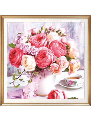 rose-1161 *สินค้าหมด* ชุดปักครอสติช ลายแจกันดอกกุหลาบ (งานปักเต็มลาย ไม่มีเดินเส้น) ขนาด 65*65 ซม.ผ้าครอสติช 11CTพิมพ์ลายปักบนผ้า ไหมคอตตอน 35 สี ผังลาย เข็ม