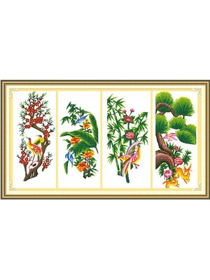 bloom-1004 *พร้อมส่ง* ชุดปักครอสติช ลายเซต 4 ชิ้น ดอกไม้ 4 ฤดู (ไม่มีเดินเส้น ปักครั้งละ 3 เส้นเล็ก) ขนาดใหญ่ 155*75 ซม.ผ้าครอสติช 11CT พิมพ์ลายปักบนผ้า ไหมคอตตอน 28 สี ผังลาย เข็ม