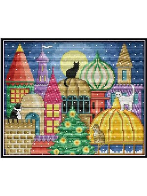 cat-1019 *พร้อมส่ง* ชุดปักครอสติช ลายเมืองแมว (งานปักเต็มลาย ปักครั้งละ 3 เส้นเล็ก ) ขนาด 38*32 ซม.ผ้าครอสติช 11CTพิมพ์ลายปักบนผ้า+ไหมคอตตอน 34 สี+ผังลาย+เข็ม