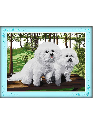 dog-1013 *พร้อมส่ง* ชุดปักครอสติช ลายคู่น้องหมา (ไม่มีเดินเส้น ผ้า11CTพิมพ์ลาย ปัก 3 เส้นเล็ก) ขนาด 49*35 ซม.ผ้าครอสติช 11CTพิมพ์ลายปักบนผ้า ไหมคอตตอน 24 สี ผังลาย เข็ม