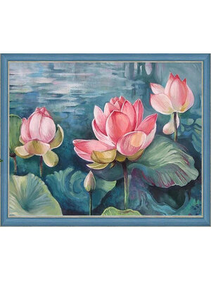 bua-1033 *สินค้าหมด* ชุดปักครอสติช ลายภาพวาดบึงบัว (ปักเต็มผืนผ้า ไม่มีเดินเส้น ผ้า11CTพิมพ์ลาย ปัก 3 เส้นเล็ก) ขนาด 70*50 ซม.ผ้าครอสติช 11CTพิมพ์ลายปักบนผ้า ไหมคอตตอน 24 สี ผังลาย เข็ม