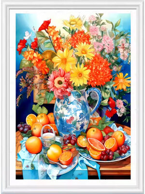 vase-1005 *สินค้าหมด* ชุดปักครอสติช ลายแจกันดอกไม้และผลไม้ (ปักเต็มผืนผ้า ไม่มีเดินเส้น ผ้ามีประกาย ปักครั้งละ 3 เส้นเล็ก) ขนาด 50*68 ซม.ผ้าครอสติช 11CTพิมพ์ลายปักบนผ้า ไหมคอตตอน 47 สี ผังลาย เข็ม