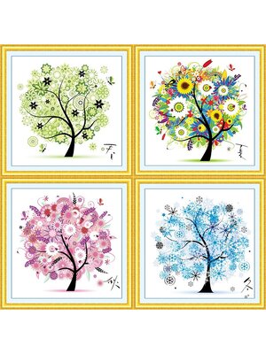 tree-1052 *สินค้าหมด* ชุดปักครอสติช ลายเซต 4 ชิ้น ต้นไม้ 4 ฤดู ขนาดภาพละ 46*46 ซม.ผ้าครอสติช 11CTพิมพ์ลายปักบนผ้า ไหมคอตตอน 64 สี ผังลาย เข็ม
