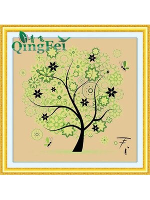 tree-1040 *พร้อมส่ง* ชุดปักครอสติช ลายต้นไม้ในฤดูใบไม้ผลิ (ผ้าสีน้ำตาลอ่อน ไหมเงา) ขนาด 49*49 ซม.ผ้าครอสติช 11CTพิมพ์ลายปักบนผ้า ไหมเงา silk 11 สี ผังลาย เข็ม