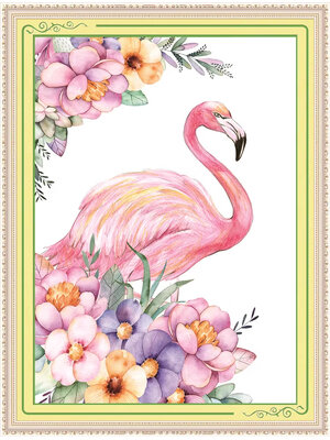 flamingo-1003 *พร้อมส่ง* ชุดปักครอสติช ลายนกฟลามิงโก้ (ไม่มีเดินเส้น ปักครั้งละ 3 เส้นเล็ก) ขนาด 50*65 ซม.ผ้าครอสติช 11CTพิมพ์ลายปักบนผ้า ไหมคอตตอน 34 สี ผังลาย เข็ม
