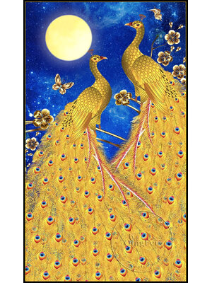 peacock-1119 *สินค้าหมด* ชุดปักครอสติช ลายคู่นกยูงทองใต้เงาจันทร์ (ปักเต็มผืนผ้า ไม่มีเดินเส้น ปักครั้งละ 3 เส้นเล็ก) ขนาด 50*90 ซม.ผ้าครอสติช 11CTพิมพ์ลายปักบนผ้า ไหมคอตตอน 23 สี ผังลาย เข็ม
