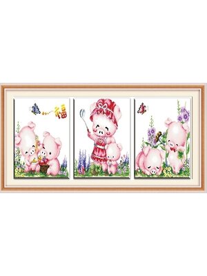 pig-1018 *สินค้าหมด* ชุดปักครอสติช ลายเซต 3 ชิ้น ครอบครัวหมู ขนาดภาพละ 42*42 ผ้าครอสติช 11CTพิมพ์ลายปักบนผ้า ไหมคอตตอน 30 สี ผังลาย เข็ม