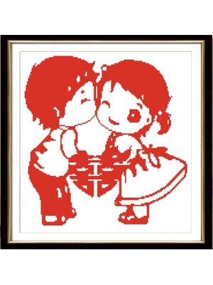 love-1068 *พร้อมส่ง* ชุดปักครอสติช ลายคู่รัก (ไม่มีเดินเส้น ไม่มีผังลาย พิมพ์ผังลายที่ตัวผ้าเลย ปักง่ายสีเดียว) ขนาด 42*42 ซม.ผ้าครอสติช 11CTพิมพ์ลายปักบนผ้า+ไหมคอตตอน สีแดง เข็ม